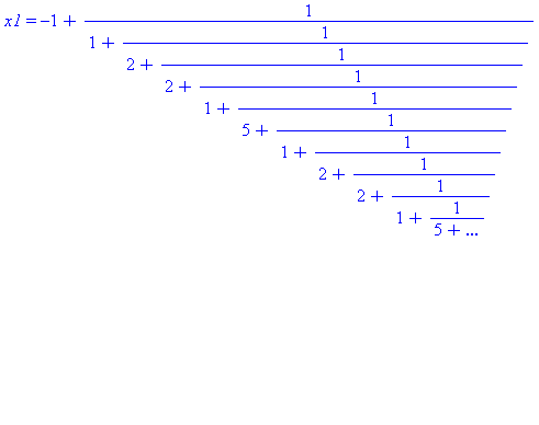 x1 = CFRAC([-1, 1, 2, 2, 1, 5, 1, 2, 2, 1, 5, `...`])