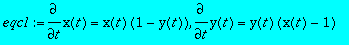 eqc1 := diff(x(t),t) = x(t)*(1-y(t)), diff(y(t),t) ...