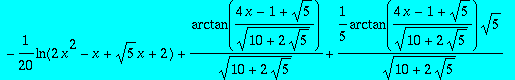 1/5*ln(1+x)-1/20*ln(-2*x^2+x+sqrt(5)*x-2)*sqrt(5)-1...